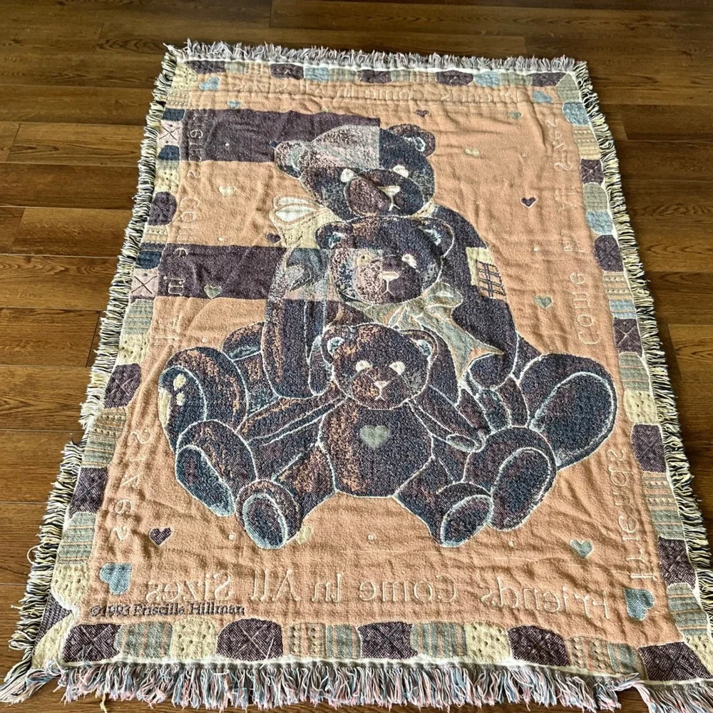 Vintage 1993 Priscilla Hillman Teddy Bear Woven Tapestry Throw Blanket 46x68